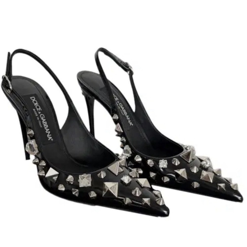 Dolce & Gabbana Black Leather Studded Pointed Toe Slingback Heels Size 39.5